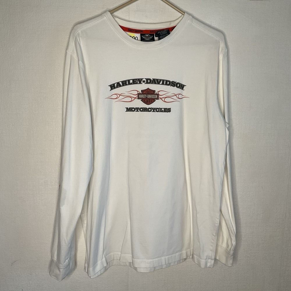 Vintage Y2K Harley Davidson Flames Long Sleeve Shirt Men's Size XL White cotton